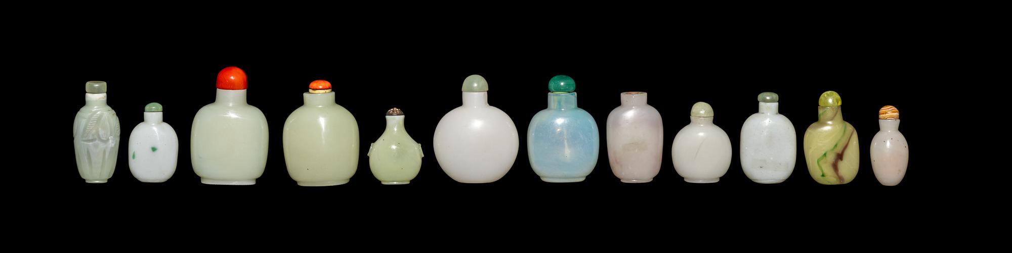 12 Chinese Glass Imitating Jade and Jadeite Snuff Bottles