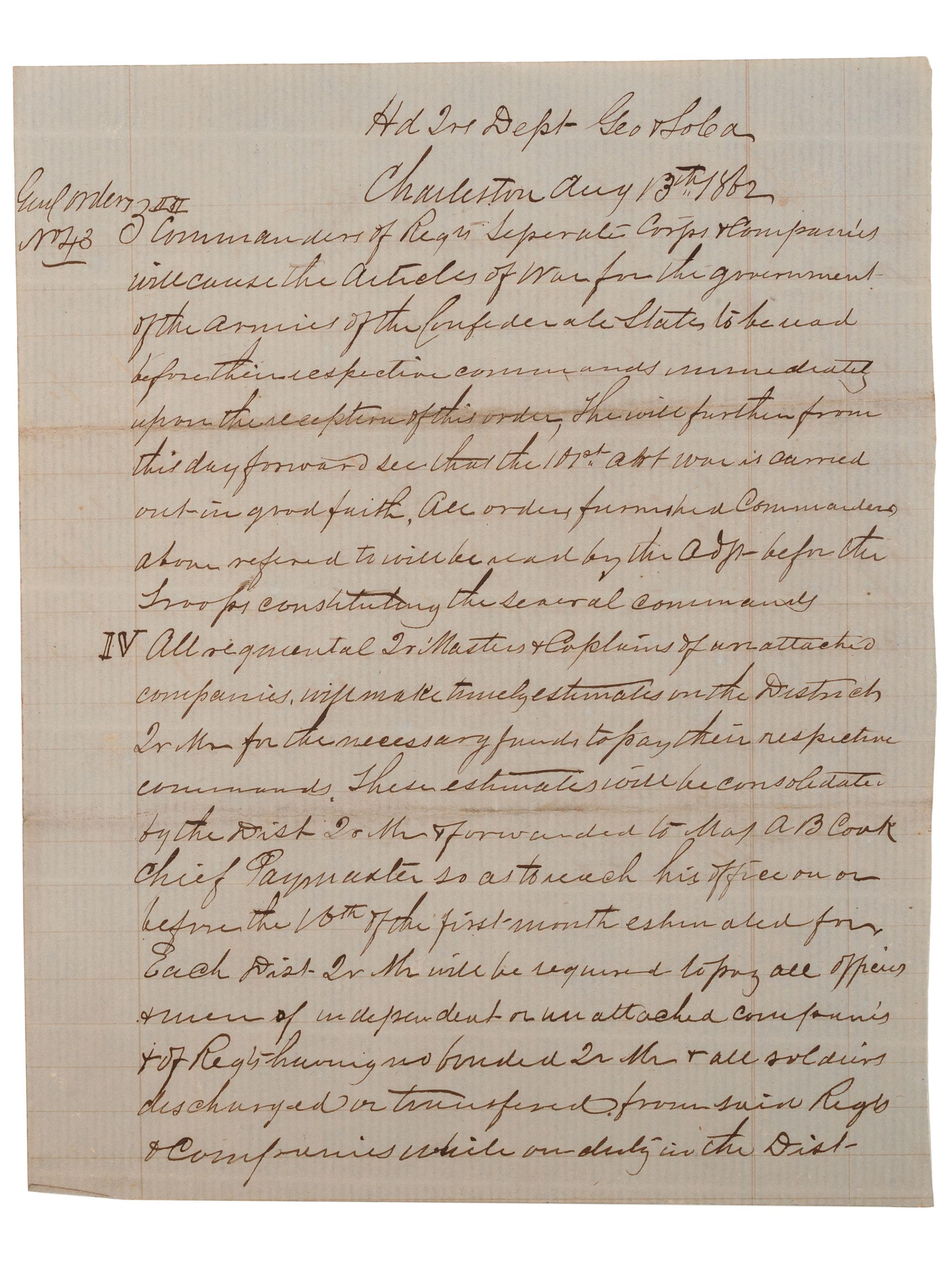 [CIVIL WAR]. COOPER, Samuel (1798-1876). Confederate General Orders signed by General Samuel Cooper.