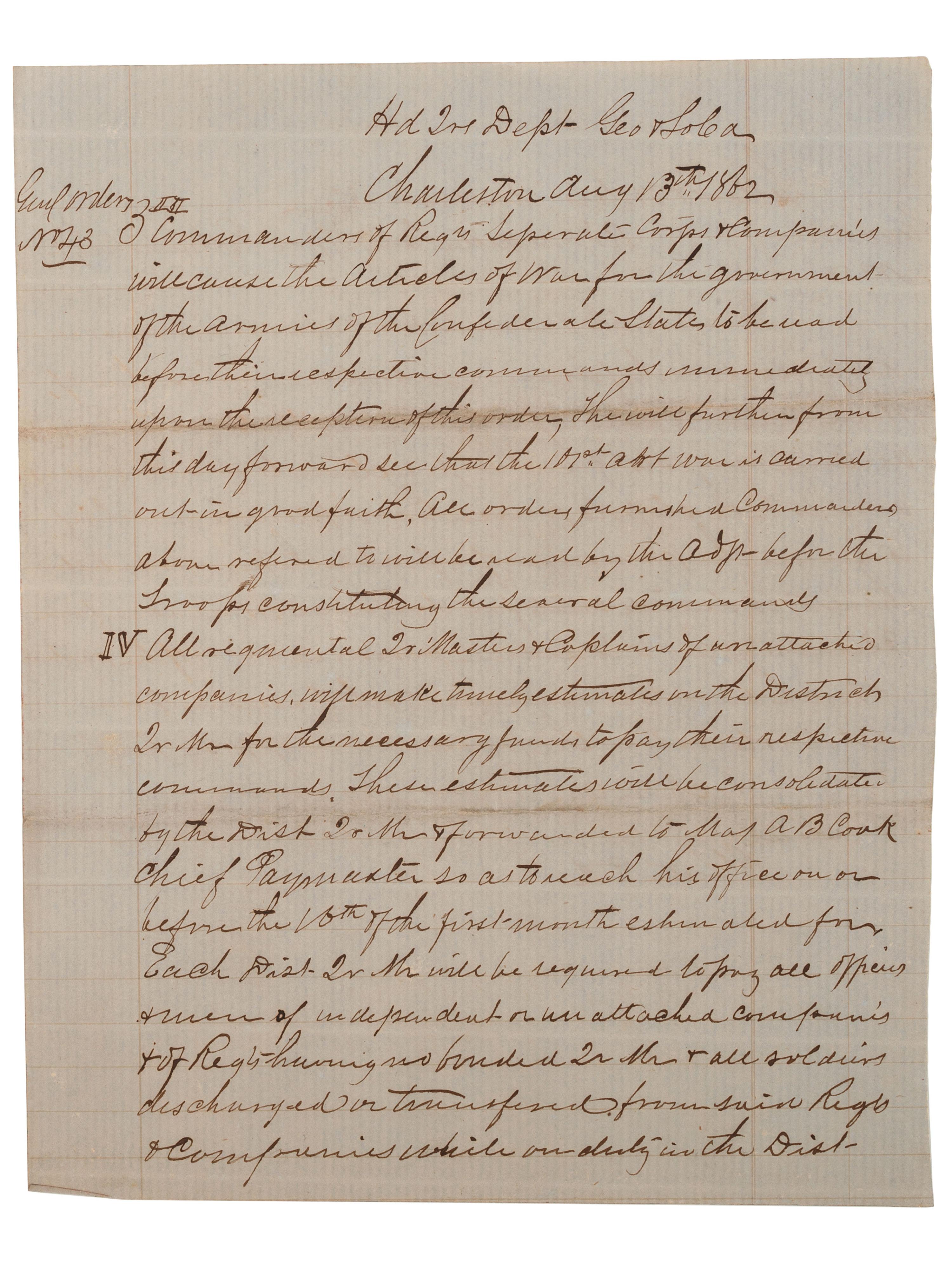 [CIVIL WAR]. COOPER, Samuel (1798-1876). Confederate General Orders signed by General Samuel Cooper.