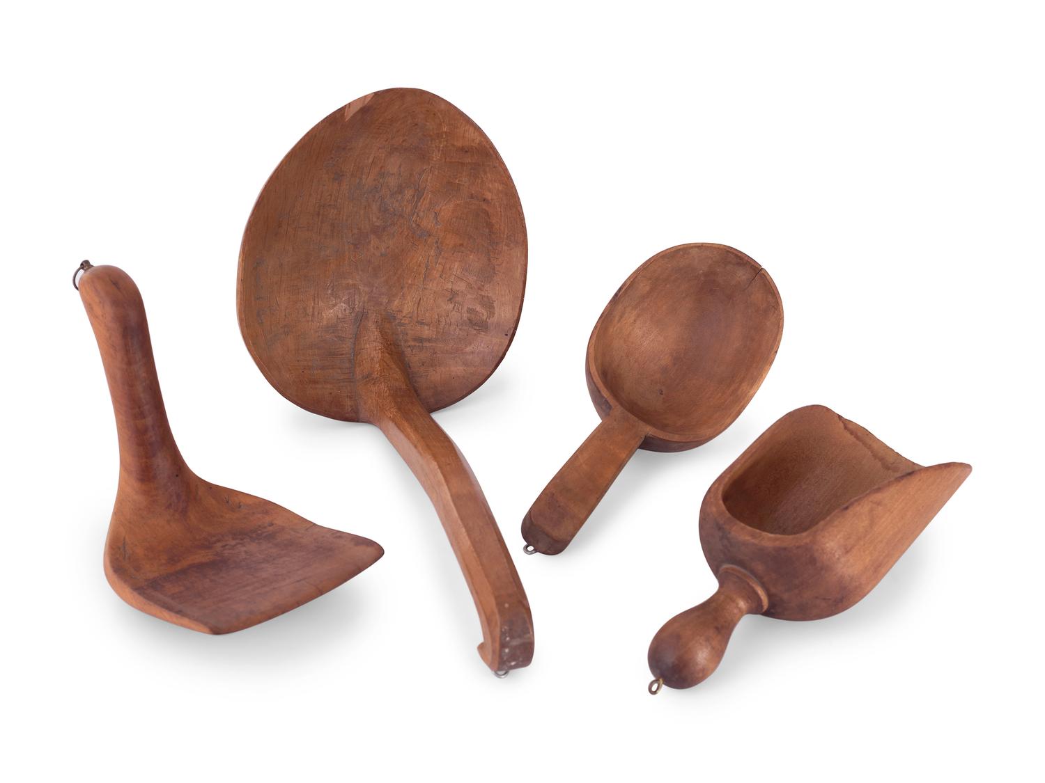 A Group of Wood Grain Scoops, Spoons and Other Utensils