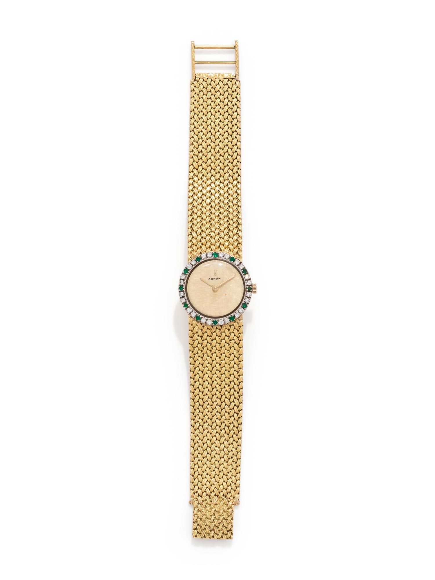 CORUM, 18K YELLOW GOLD, DIAMOND AND EMERALD WRISTWATCH