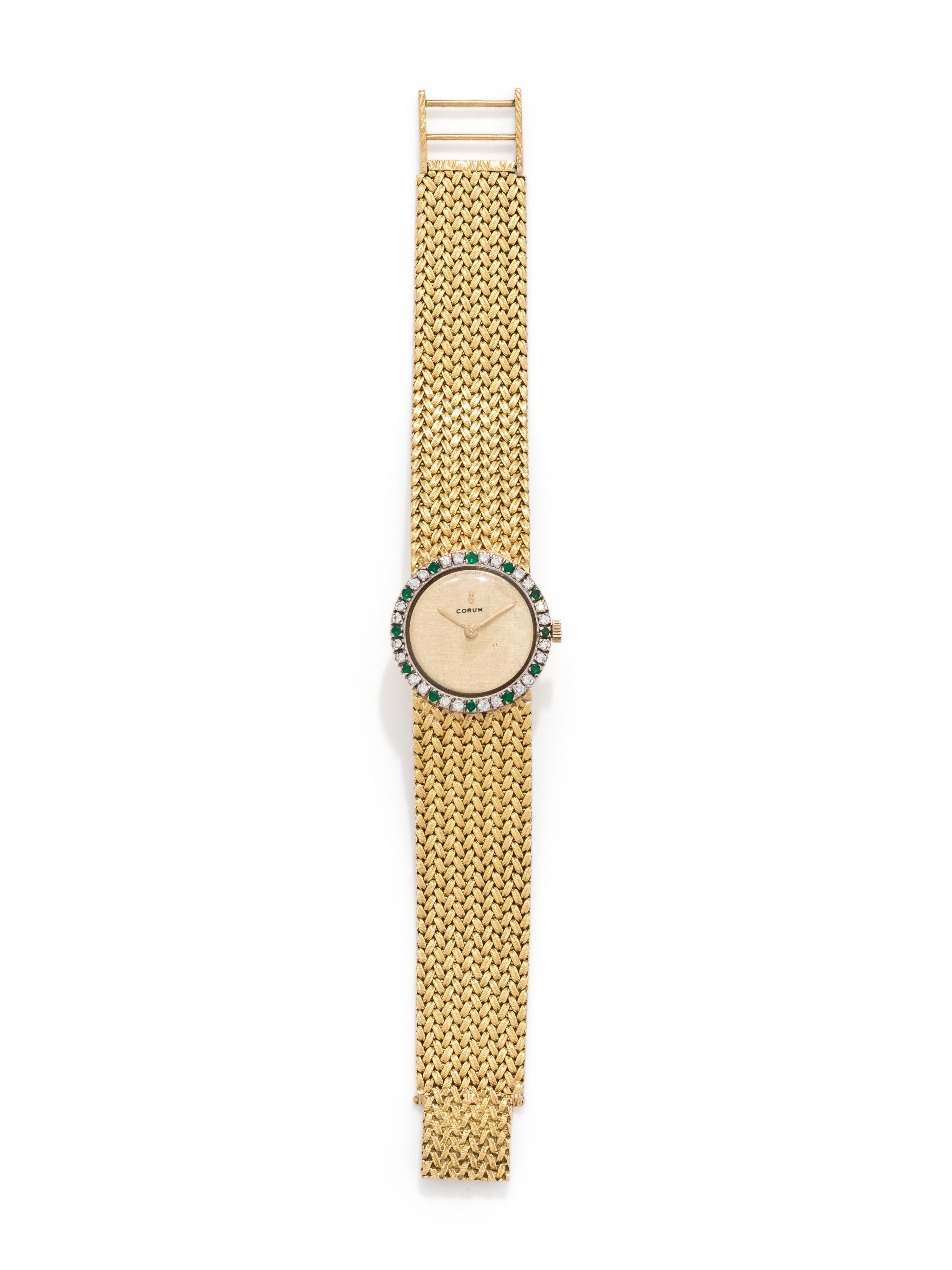 CORUM, 18K YELLOW GOLD, DIAMOND AND EMERALD WRISTWATCH
