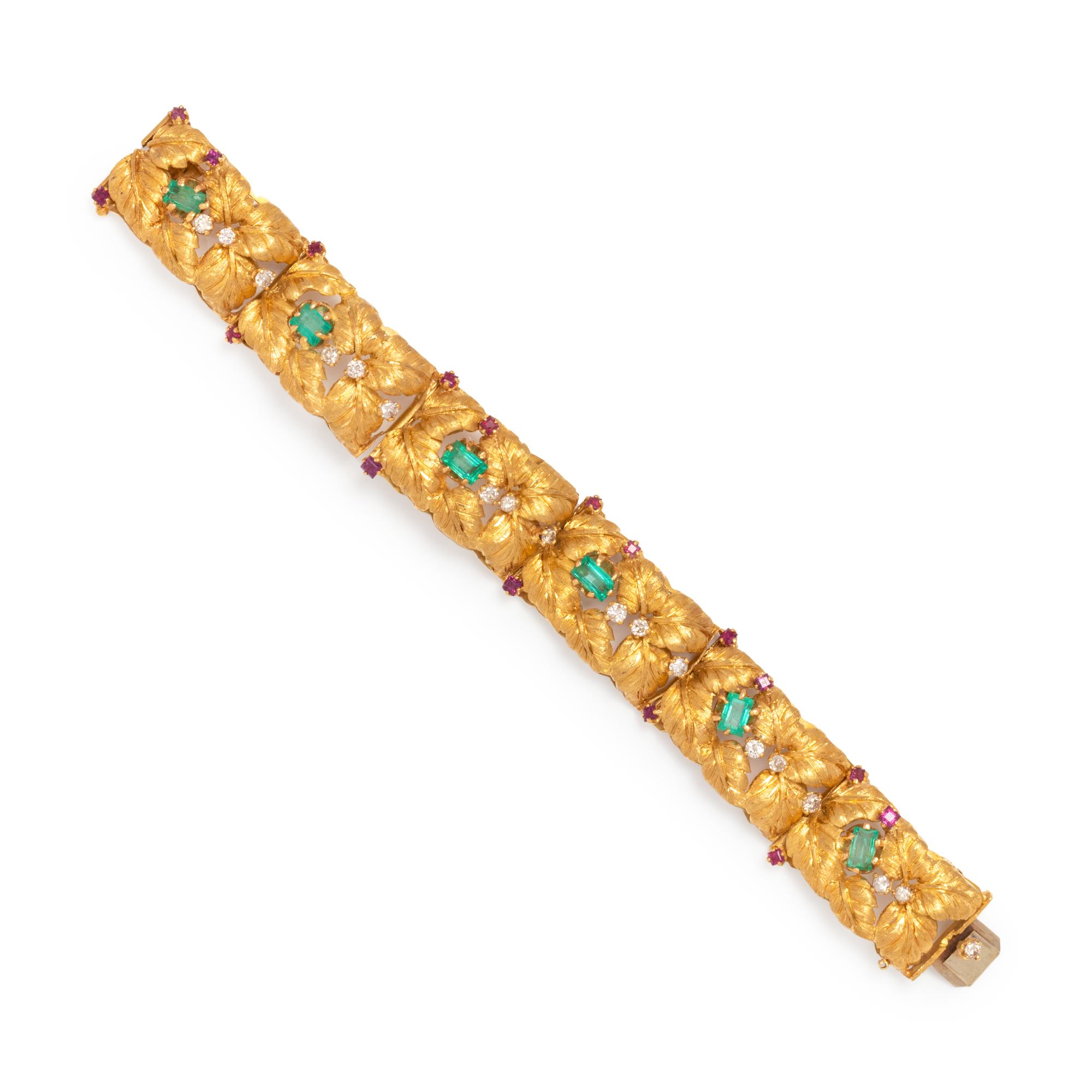 YELLOW GOLD, EMERALD, RUBY AND DIAMOND BRACELET