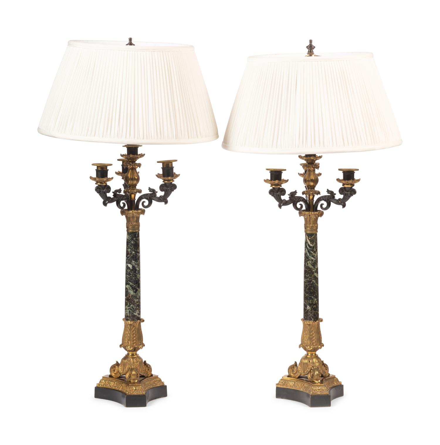 A Pair of Napoleon III Gilt and Patinated Bronze and Marble Four-Light Candelabra