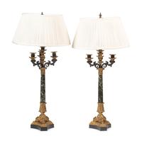 A Pair of Napoleon III Gilt and Patinated Bronze and Marble Four-Light Candelabra