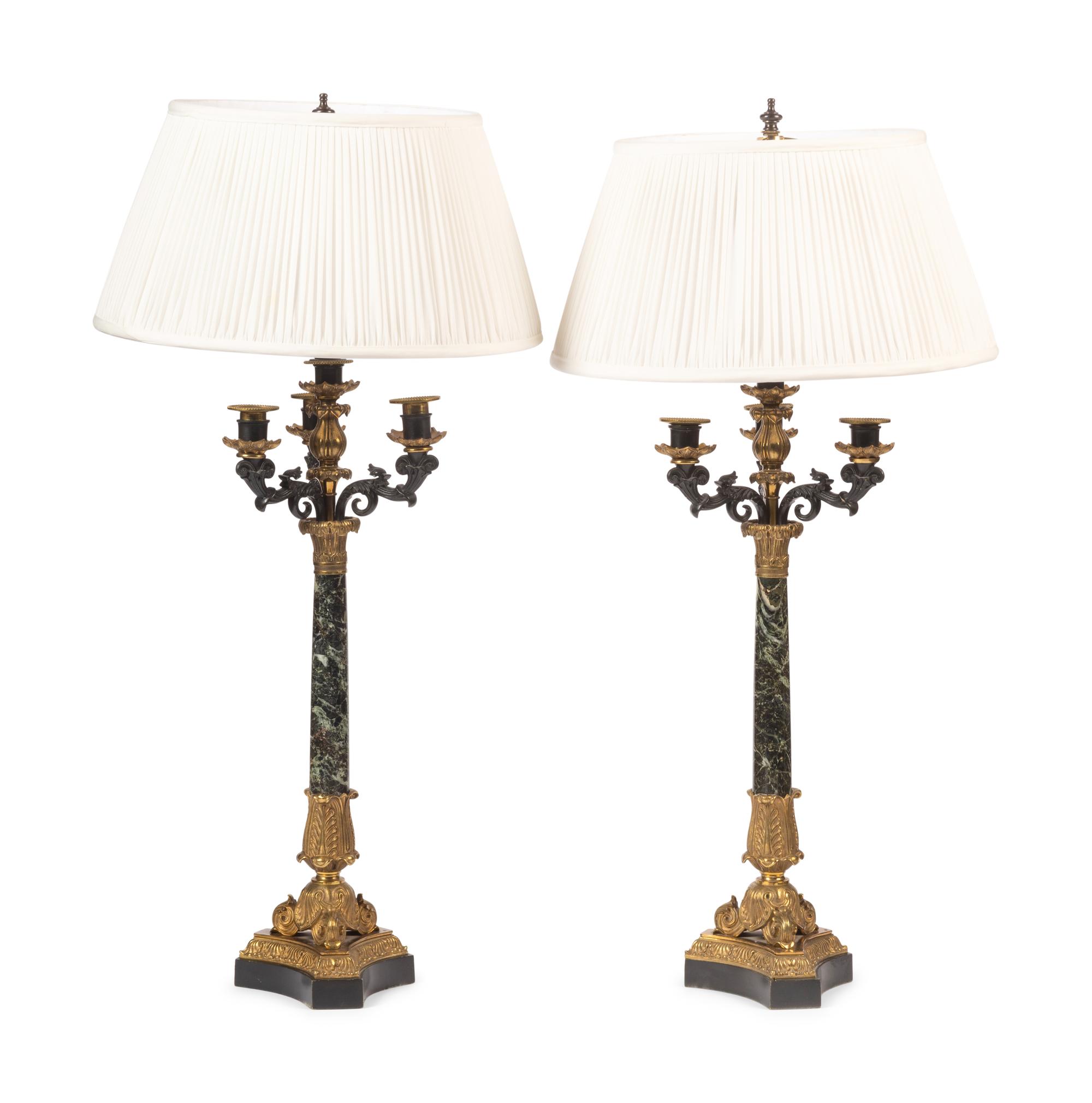 A Pair of Napoleon III Gilt and Patinated Bronze and Marble Four-Light Candelabra