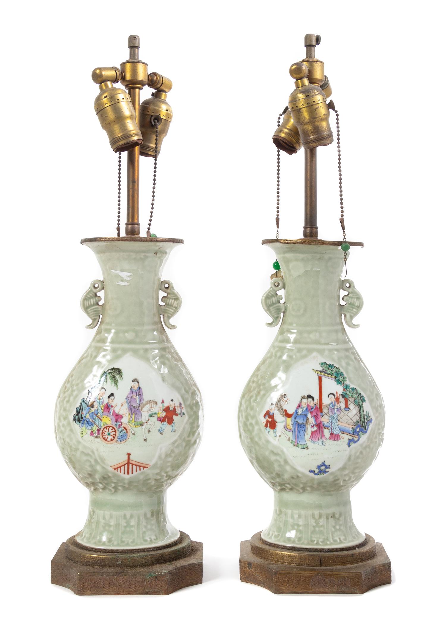 A Pair of Celadon Ground Famille Rose Porcelain Vases