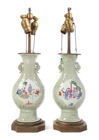 A Pair of Celadon Ground Famille Rose Porcelain Vases
