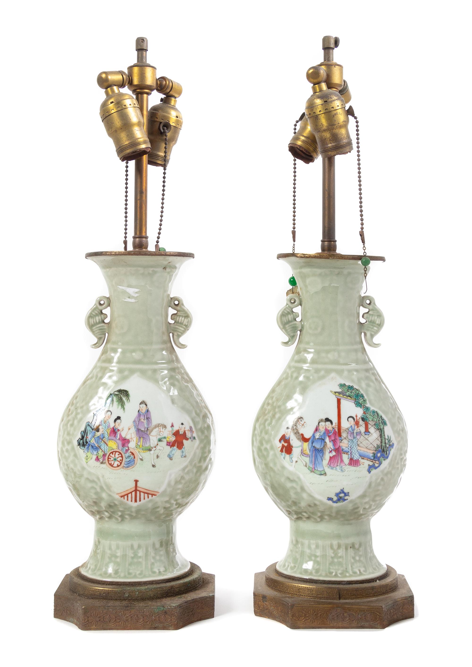 A Pair of Celadon Ground Famille Rose Porcelain Vases