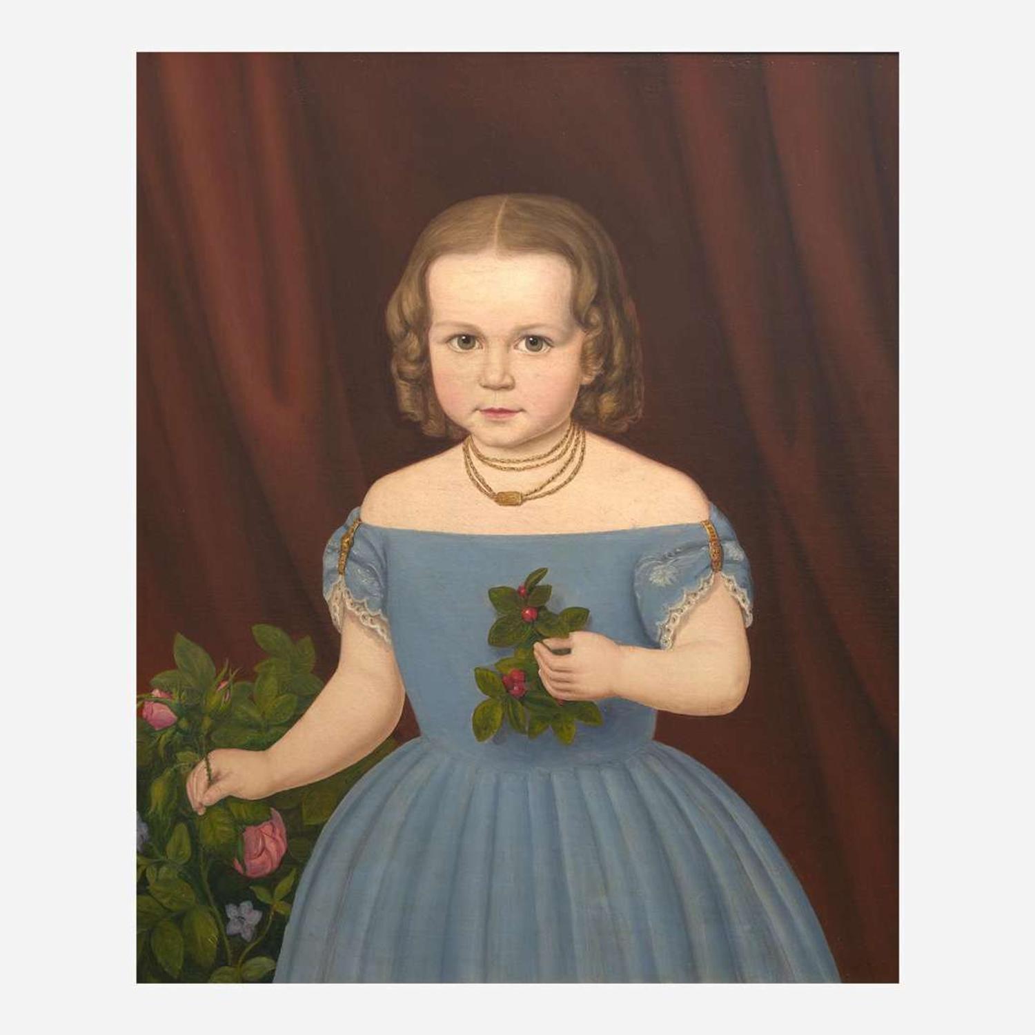American School 19th century Portrait of a Girl in a Blue Dress named Eliza