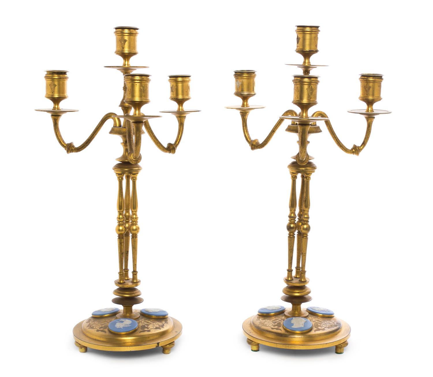A Pair of English Brass and Jasperware Four-Light Candelabra, Height 15 1/2 inches.