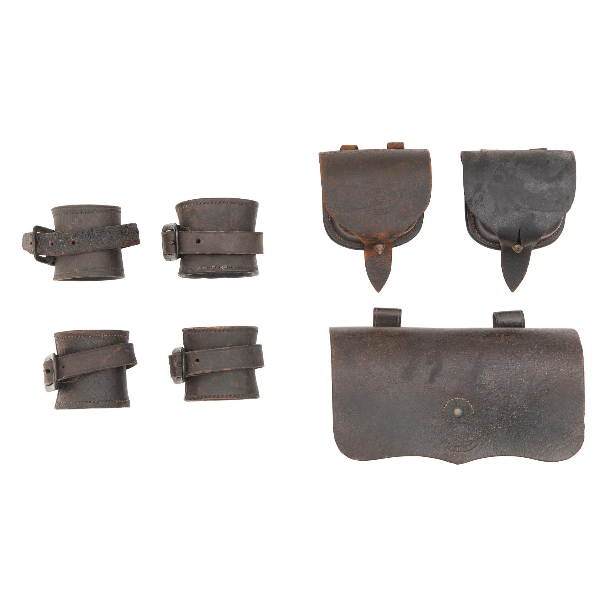 Group of US Civil War Accoutrements: Carbine Cartridge Box, 2 Cap Pouches and 2 Carbine Sockets