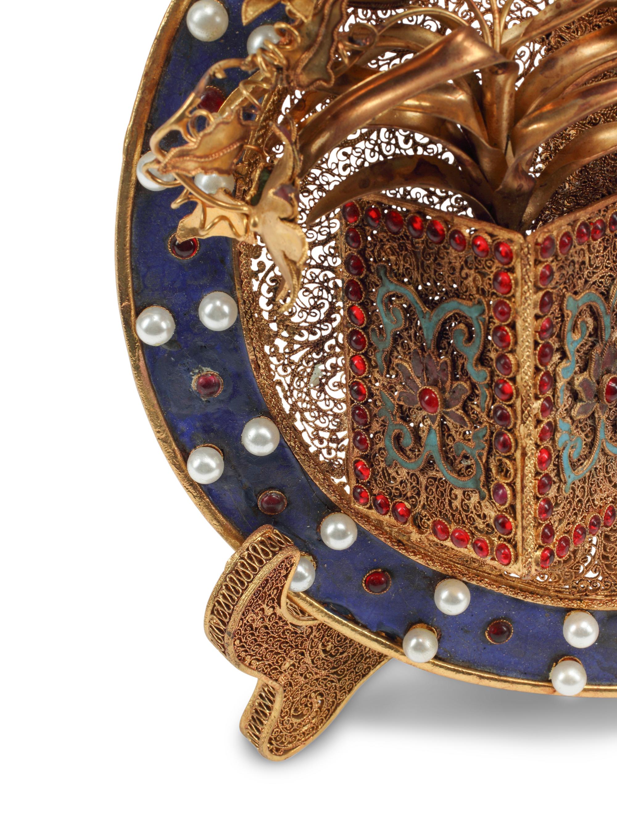A Chinese Jeweled Filigree and Enamel Plate and Stand
