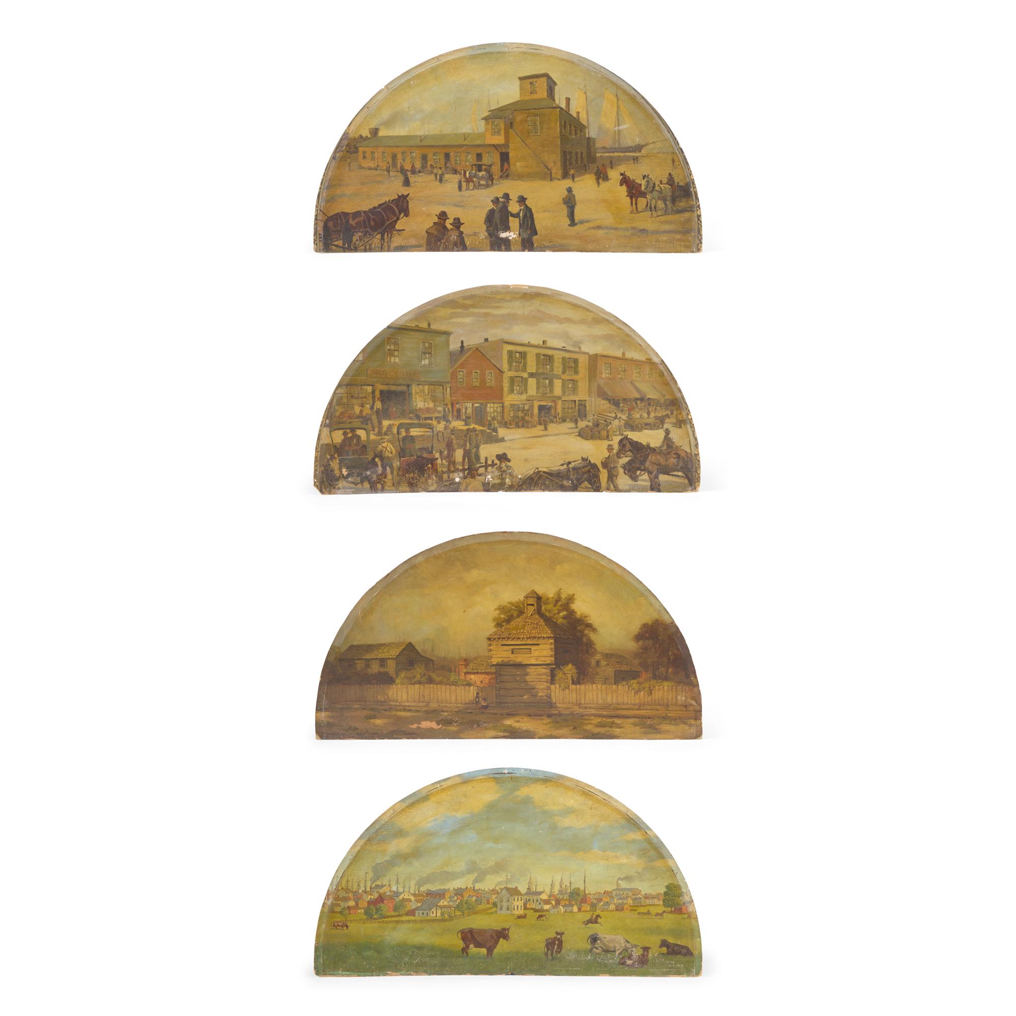 American School, H. Werner (20th Century), After Dwight Baldwin Benton (1834-1903), A Group of Four Half-Moon Paintings Depicting Early Chicago Scenes