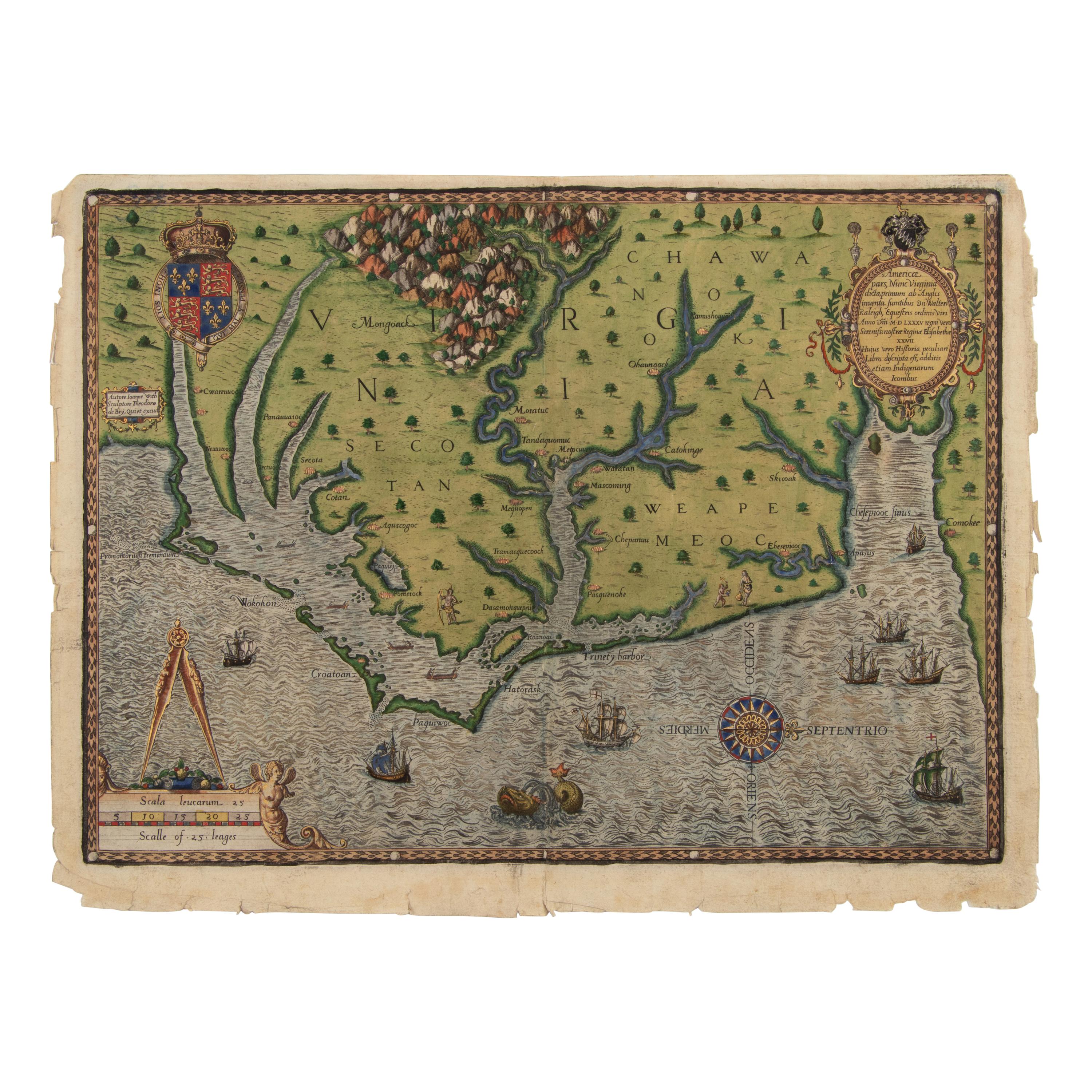 [Map]. De Bry, Theodor (1528-1598) and John White (1540-1593). Americae pars, nunc Virginia dicta primum ab Anglis . Frankfurt, 1590.