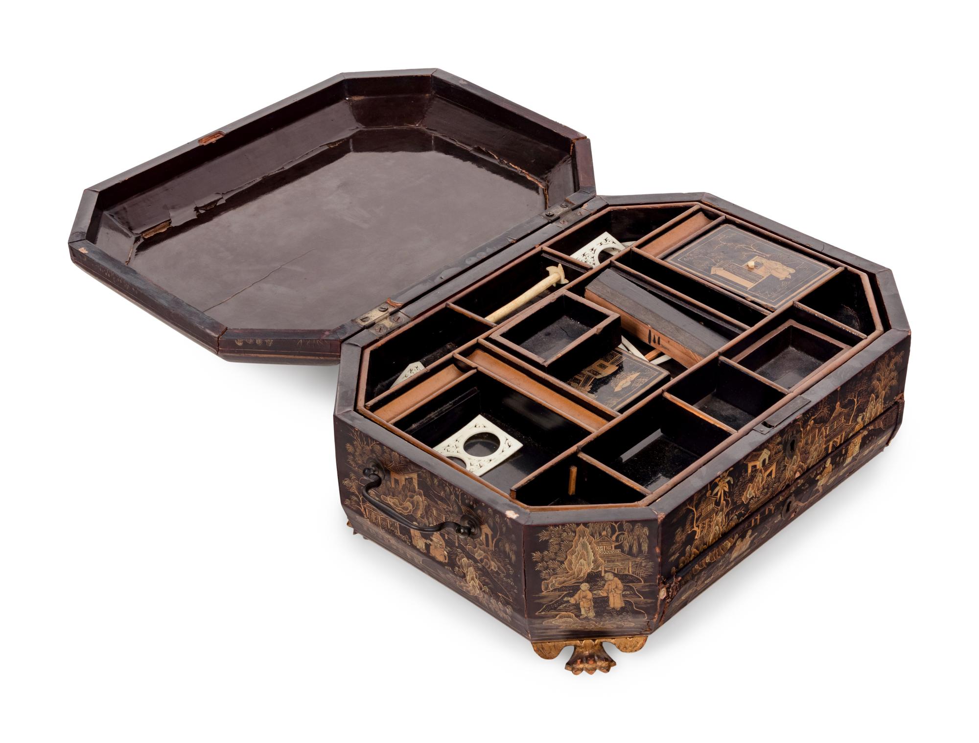 A Chinese Export Parcel Gilt and Black Lacquer Chinoiserie Octagonal Document Box