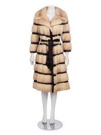 White Mink Fur and Dark Brown Leather Coat w/ Belt, 1970-80s
