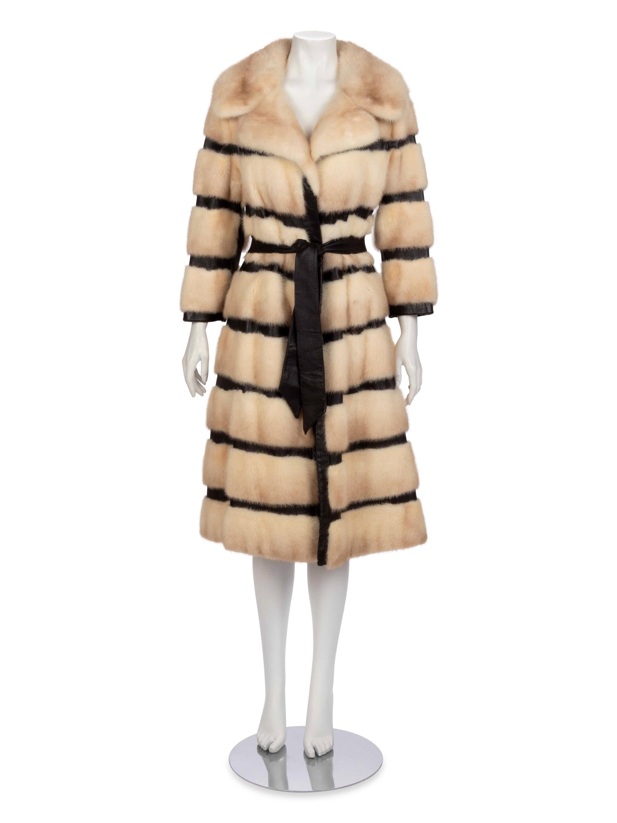 White Mink Fur and Dark Brown Leather Coat w/ Belt, 1970-80s