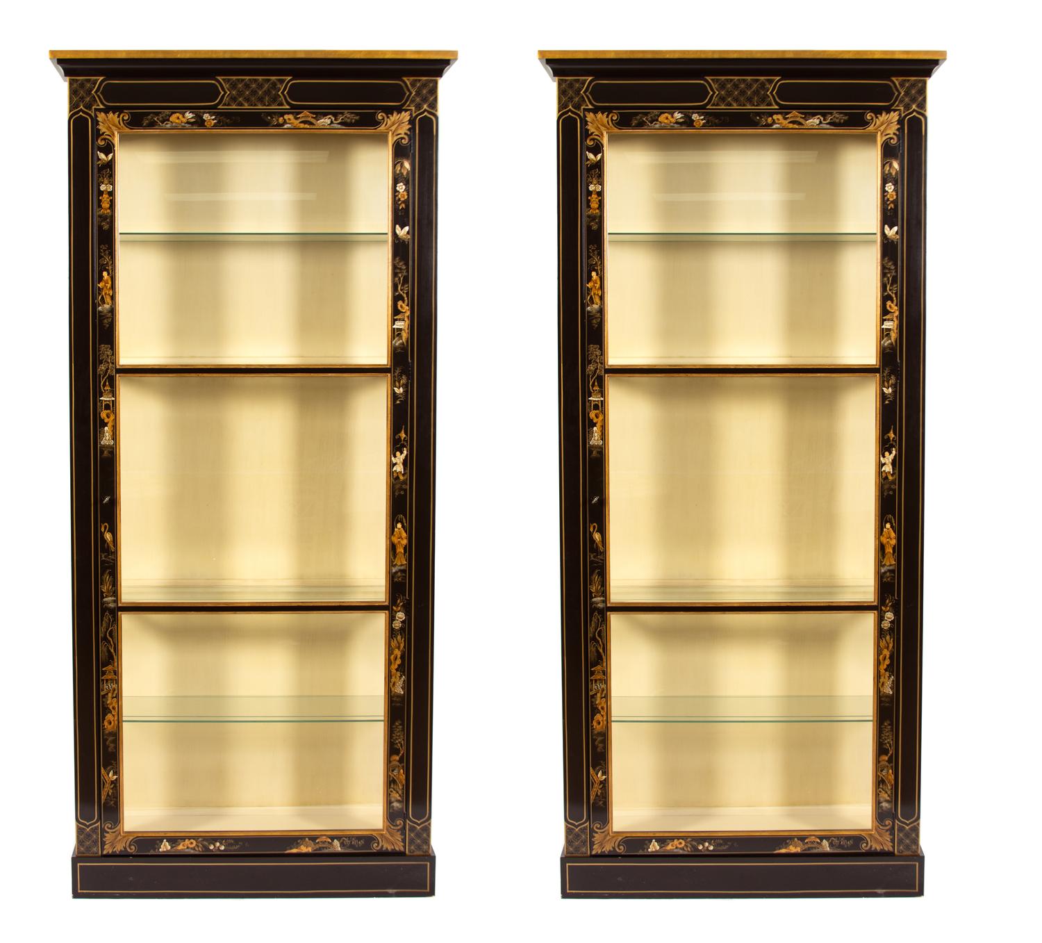 A Pair of Regency Style Black Laquer Display Cabinets Height 91 x width 42 x depth 15 inches. — 20TH CENTURY