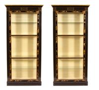 A Pair of Regency Style Black Laquer Display Cabinets Height 91 x width 42 x depth 15 inches. — 20TH CENTURY