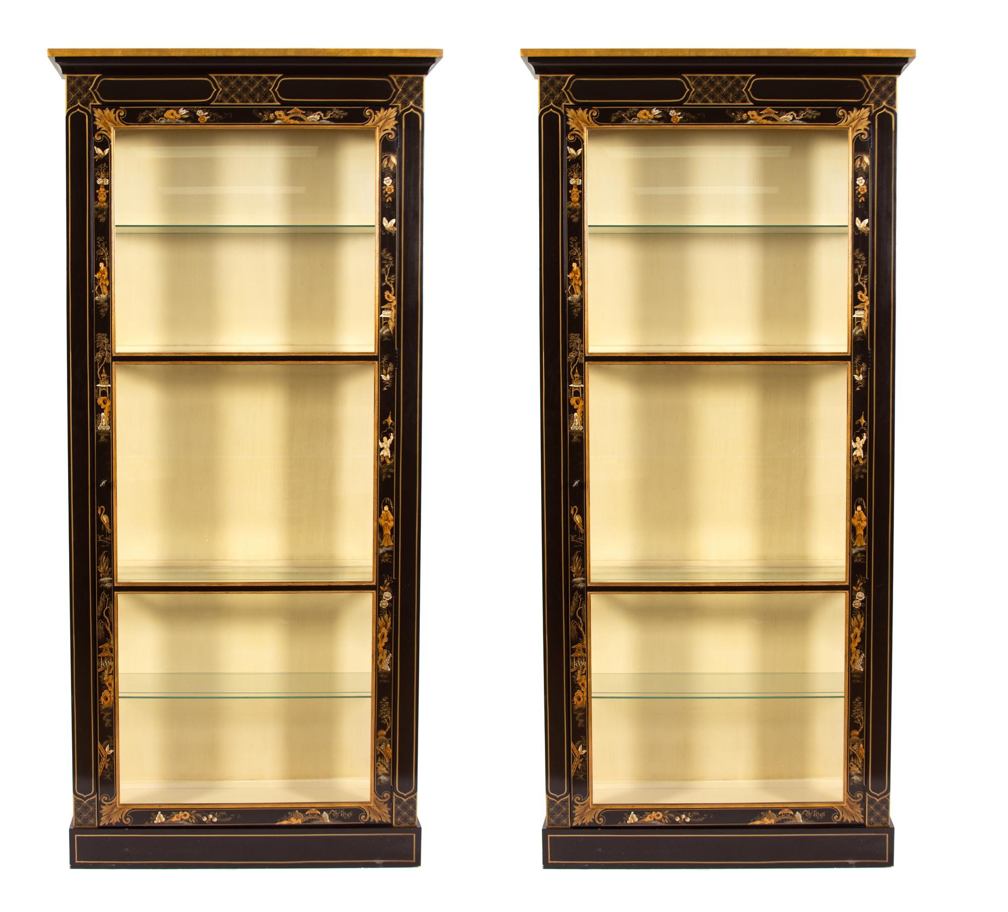 A Pair of Regency Style Black Laquer Display Cabinets Height 91 x width 42 x depth 15 inches. — 20TH CENTURY