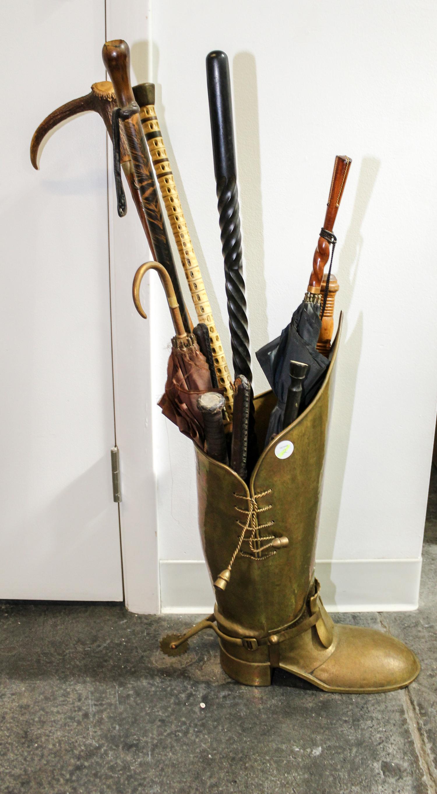 A Brass Boot Form Umbrella Stand Height of first 22 inches. — 20TH CENTURY