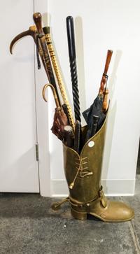 A Brass Boot Form Umbrella Stand Height of first 22 inches. — 20TH CENTURY