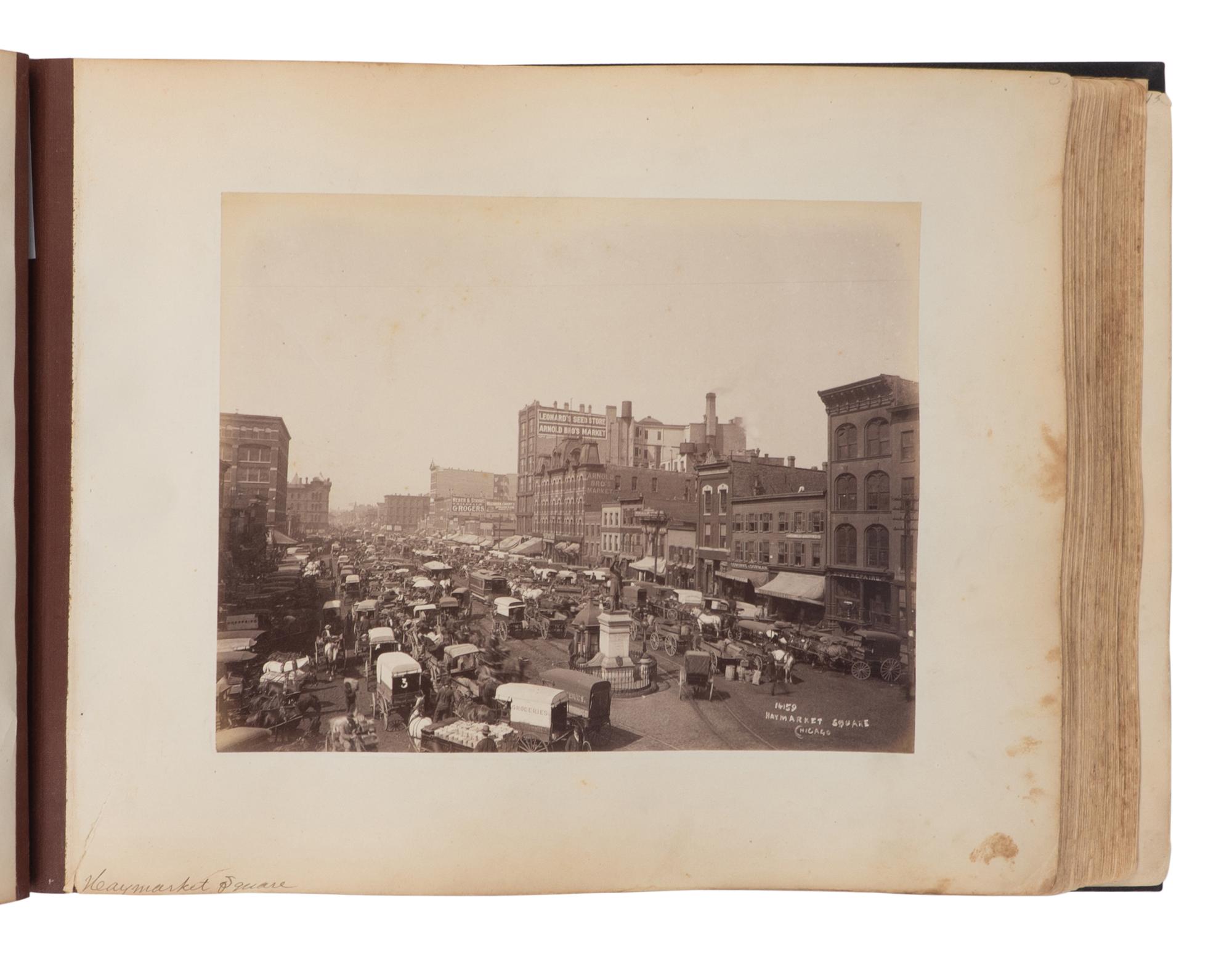 [CHICAGO]. TAYLOR, John W. (1846-1918), photographer. An album containing 154 albumen photographs of Chicago by a noted photographer, including important architectural images, as well as images relating to the preparations for the 1893 World's fair, the stockyards as described by Upton Sinclair, and more. Chicago, ca 1890.