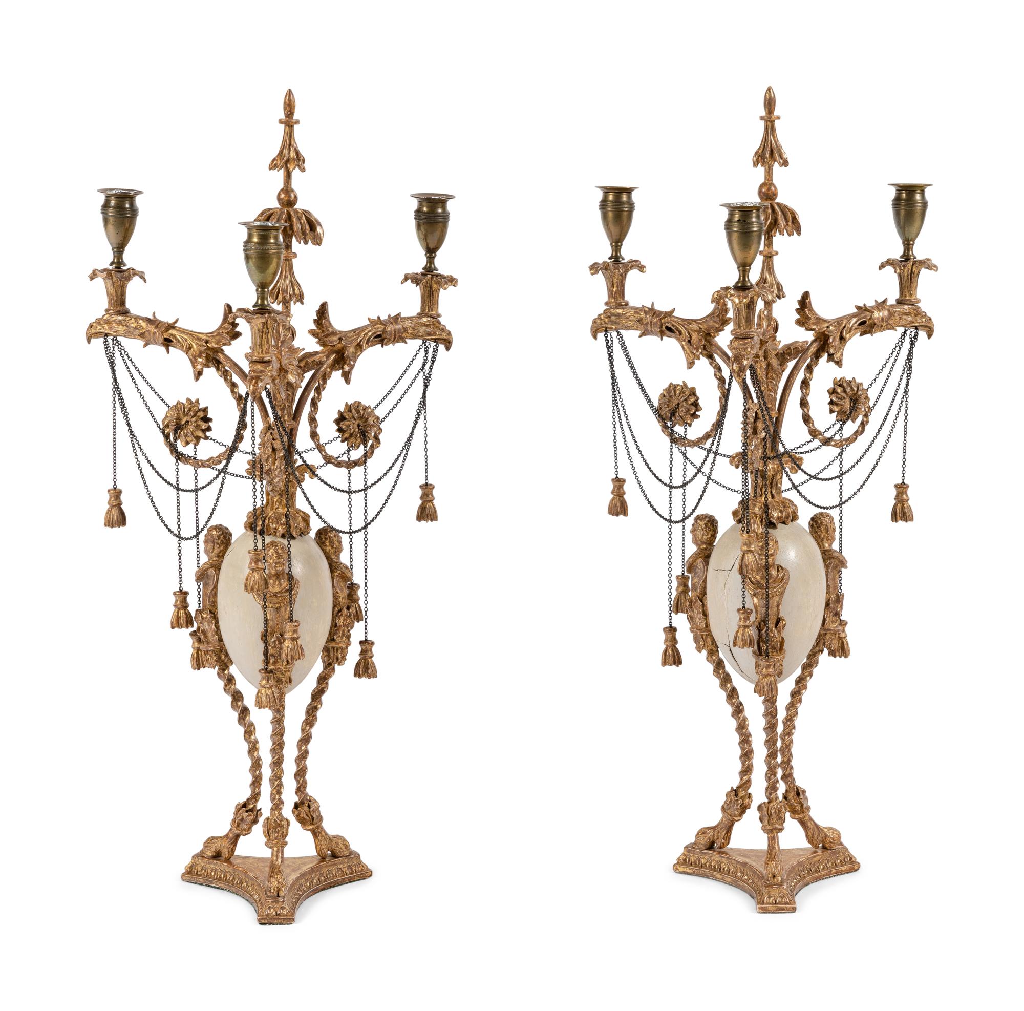 A Pair of Late George III 'Ostrich Egg' and Giltwood Three-Light Candelabra