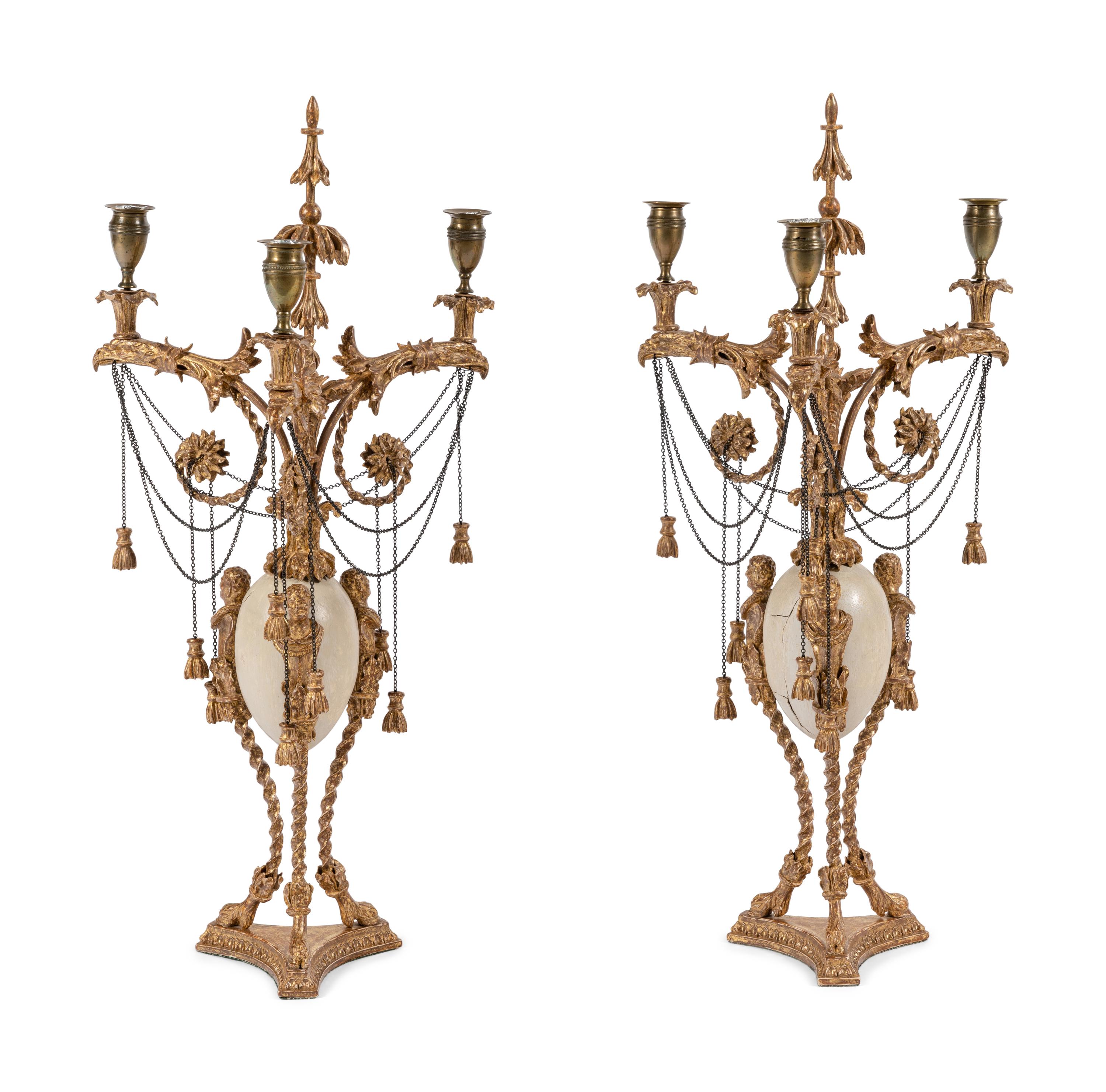 A Pair of Late George III 'Ostrich Egg' and Giltwood Three-Light Candelabra