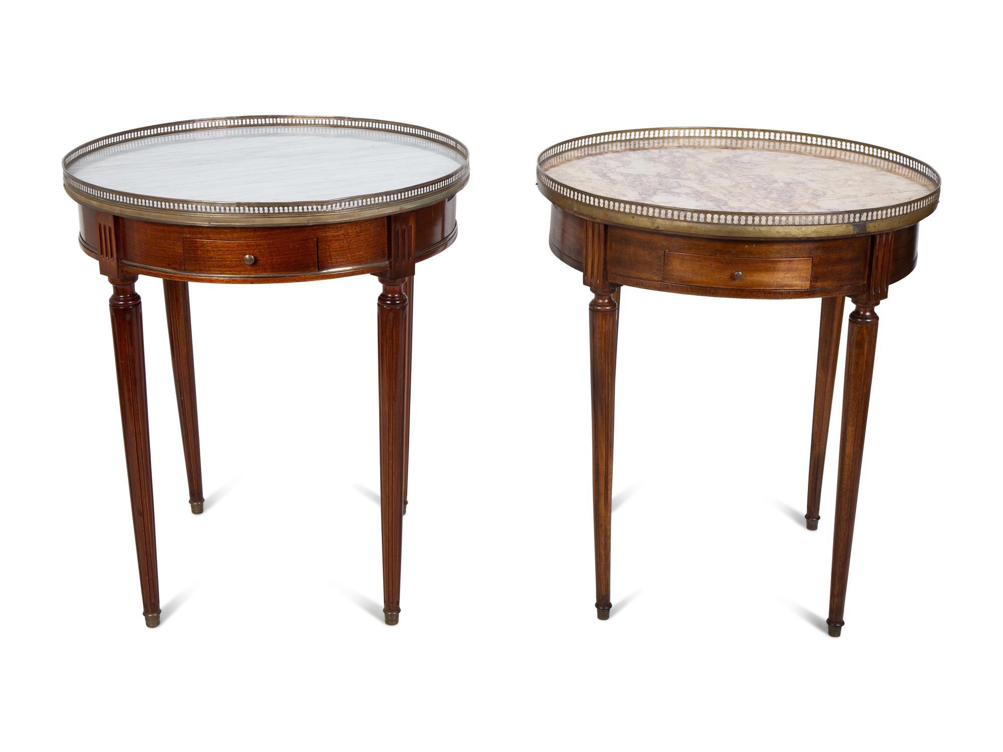 Two Louis XVI Style Mahogany Marble-Top Bouillotte Tables — 20TH CENTURY