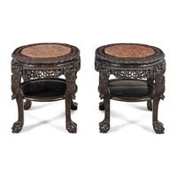 A Pair of Chinese Carved Hardwood and Marble-Top Low Tables