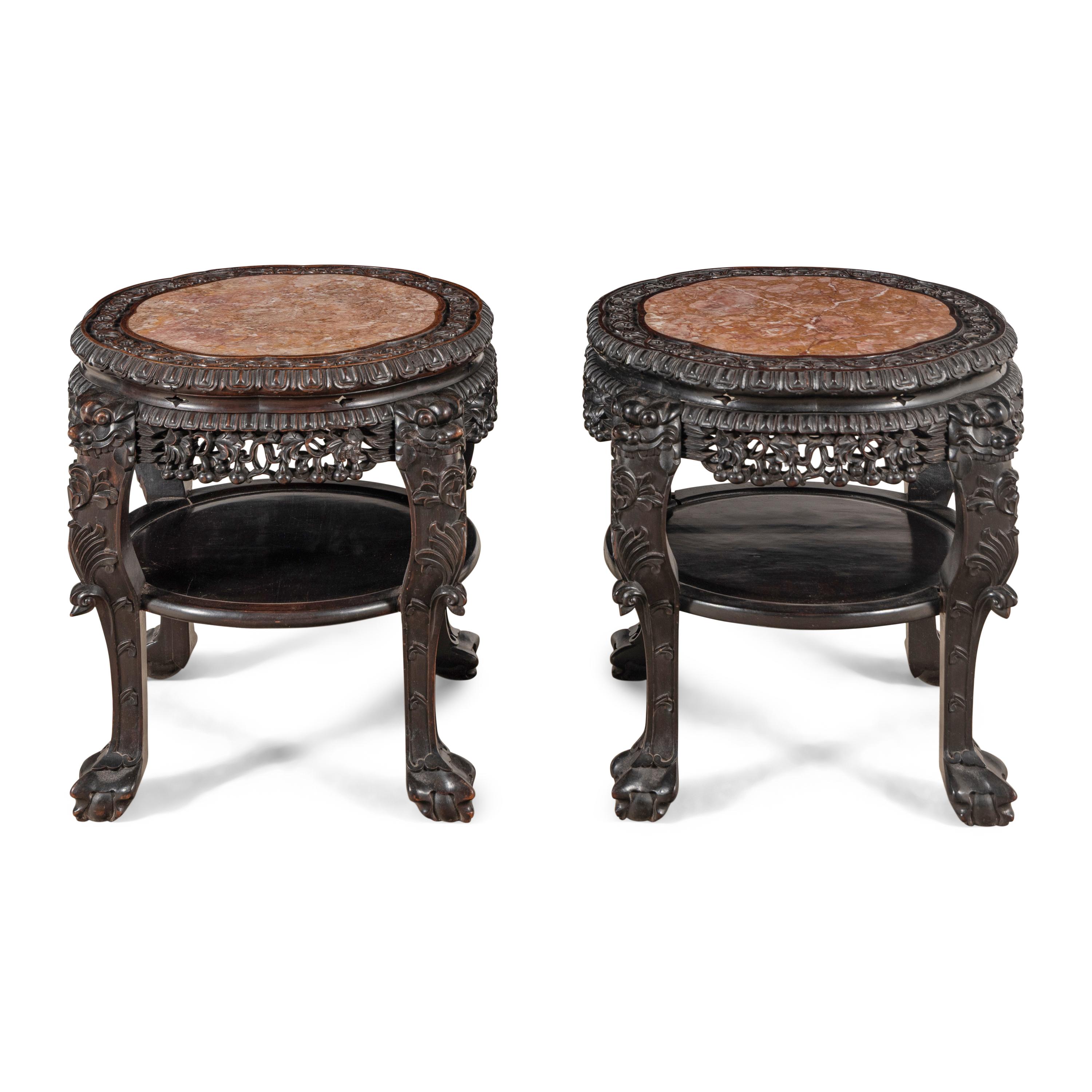 A Pair of Chinese Carved Hardwood and Marble-Top Low Tables