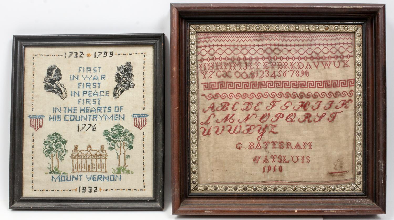 Four Needlework Samplers Height of largest 12 1/2 x width 12 1/2 inches. — FIRST HALF 20TH CENTURY