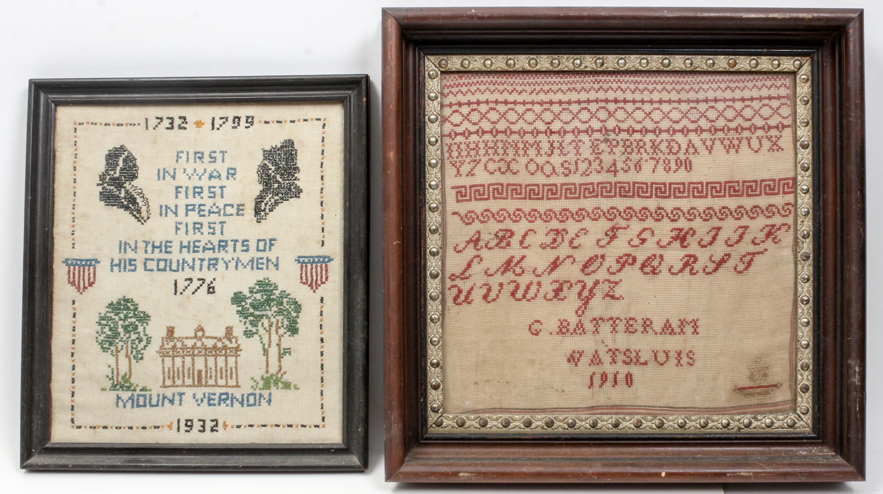Four Needlework Samplers Height of largest 12 1/2 x width 12 1/2 inches. — FIRST HALF 20TH CENTURY