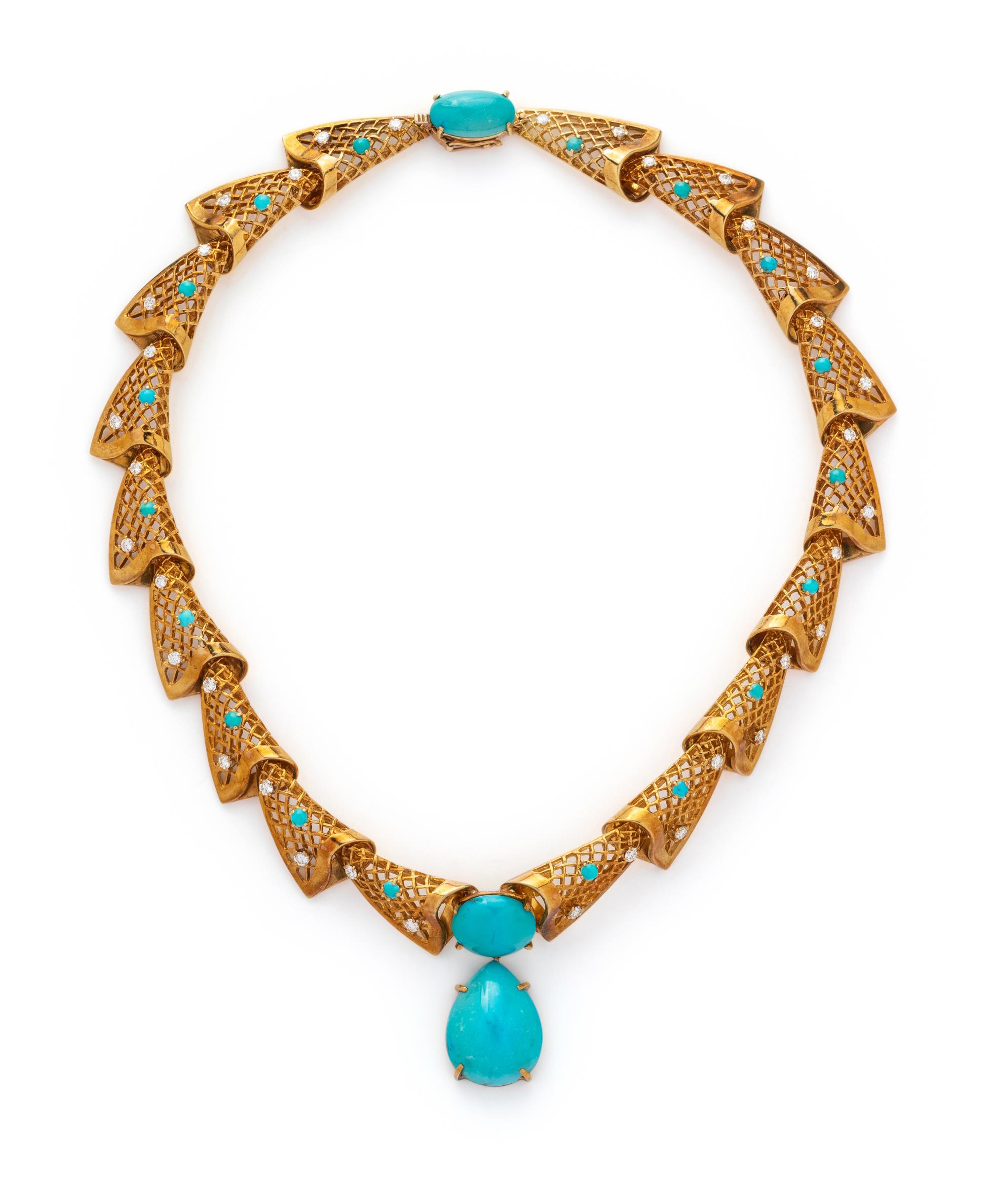 YELLOW GOLD, TREATED TURQUOISE AND DIAMOND NECKLACE