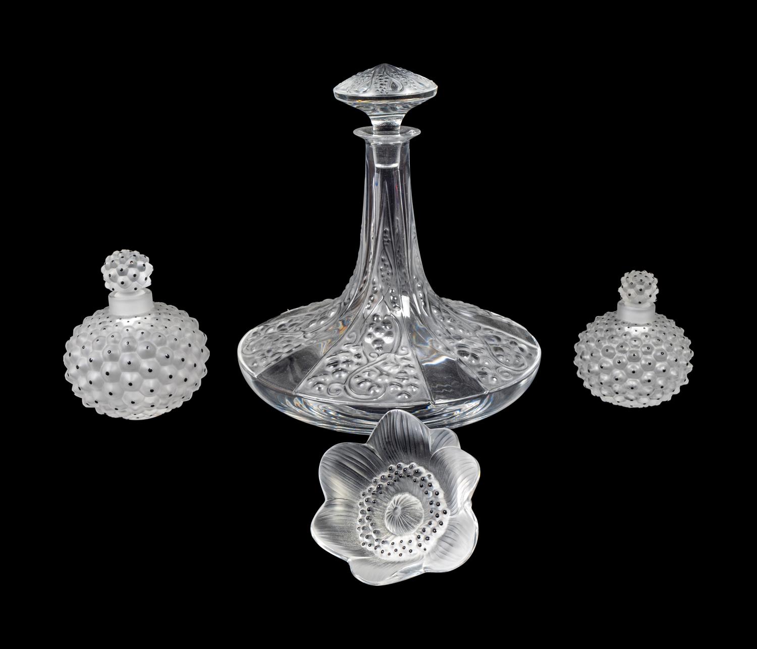 Two Lalique Perfume Bottles, a Floral Sprig and a Decanter — 20TH CENTURY