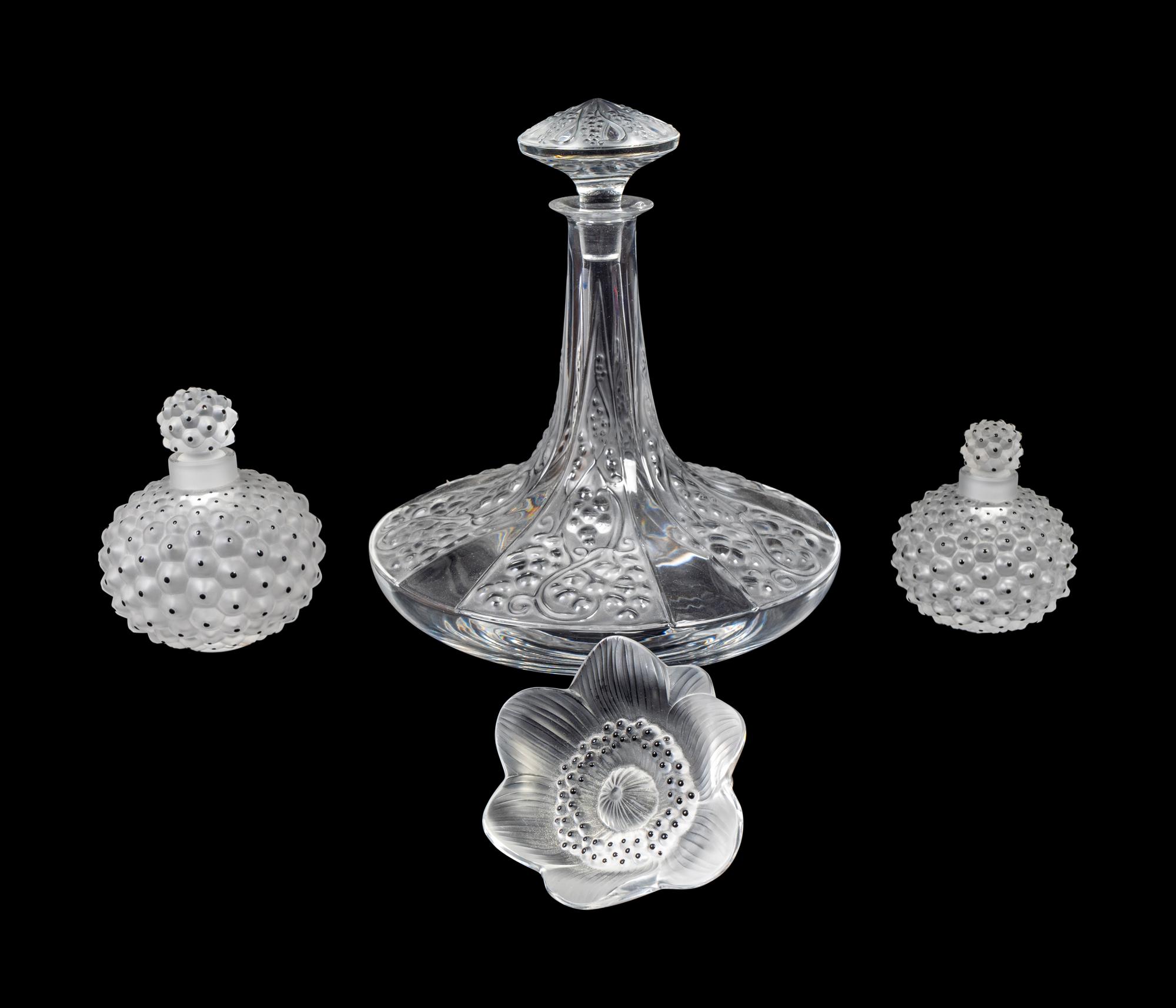 Two Lalique Perfume Bottles, a Floral Sprig and a Decanter — 20TH CENTURY