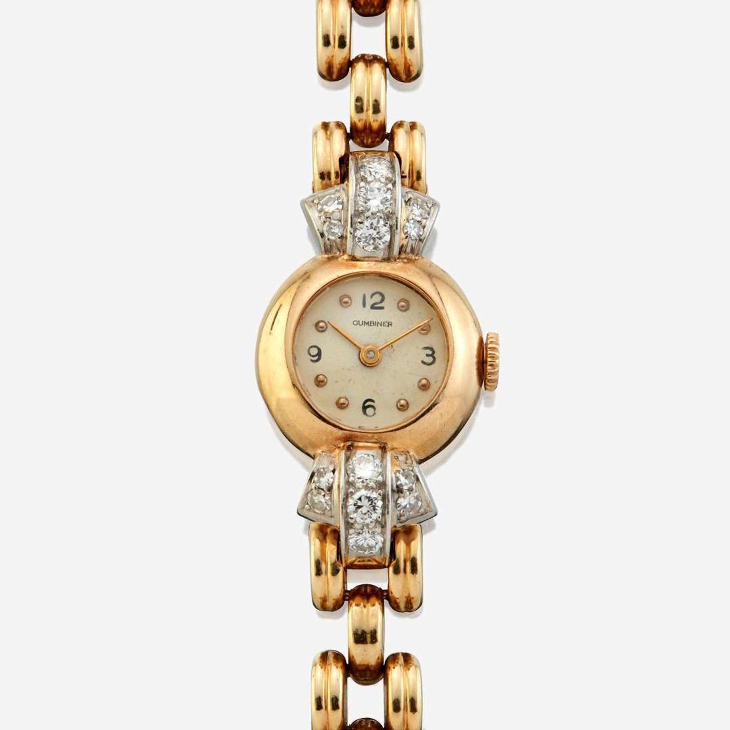 A lady's gold and diamond bracelet watch, Gumbiner Retro