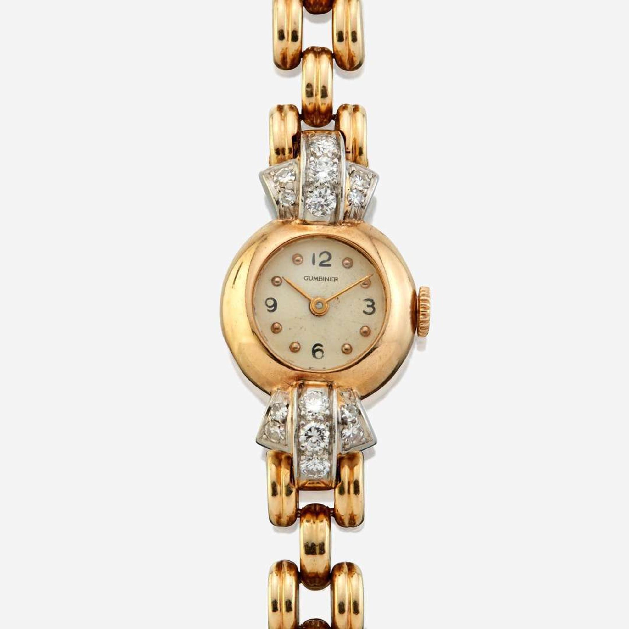 A lady's gold and diamond bracelet watch, Gumbiner Retro