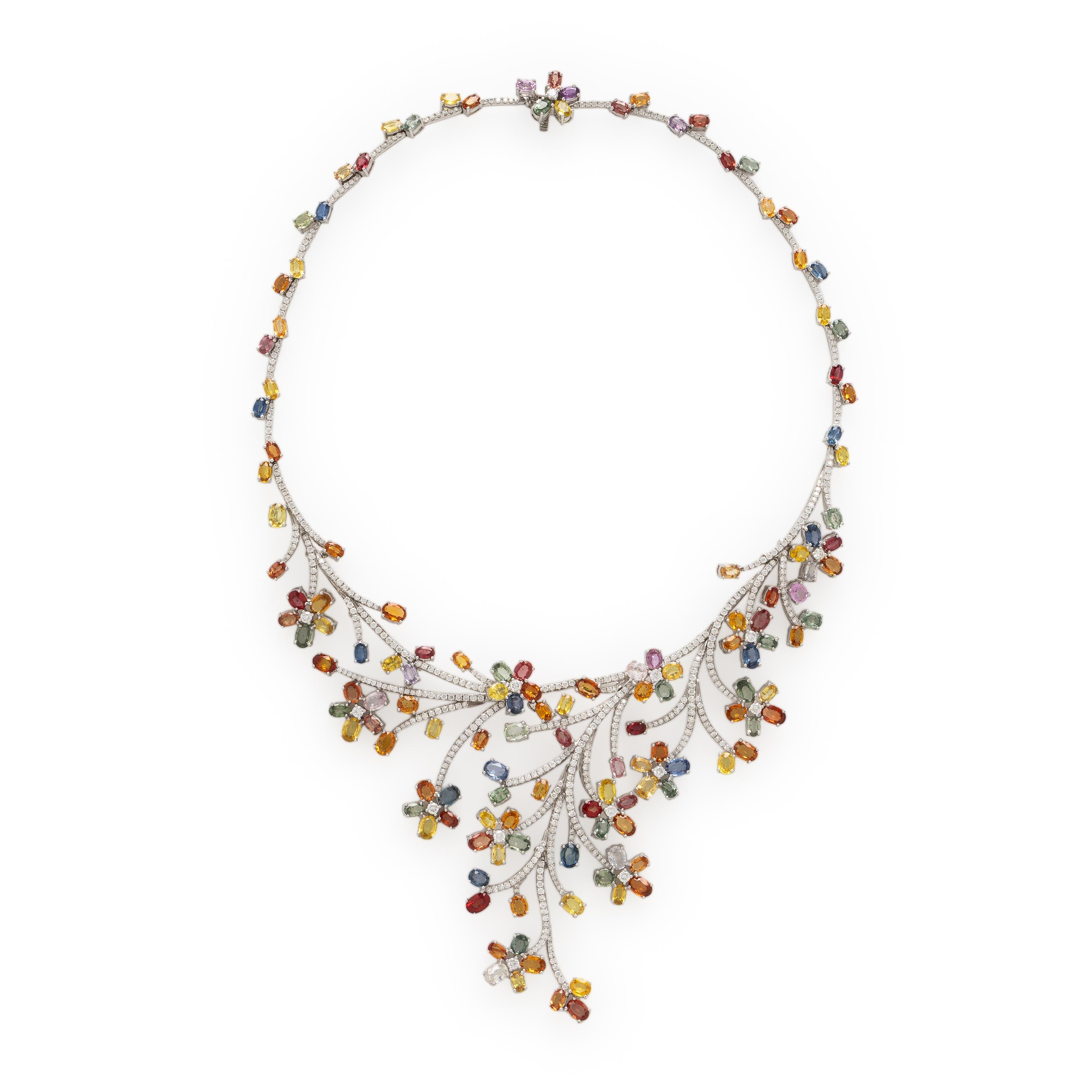 Multi Colored Sapphire, Diamond, and White Gold Necklace