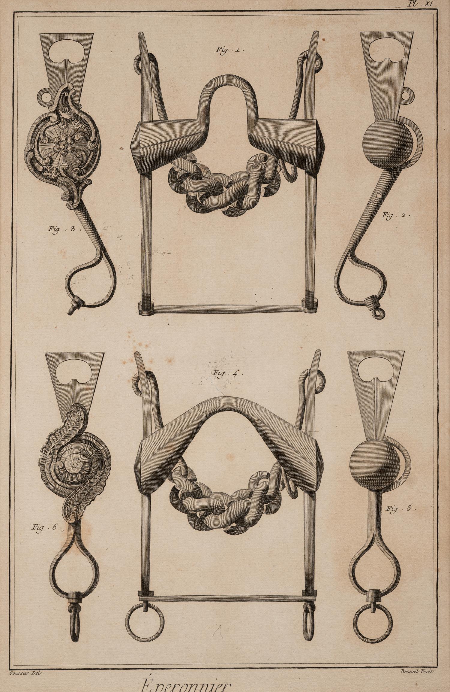 Four Engravings Depicting Horse Spurs, after Louis-Jacques Goussier