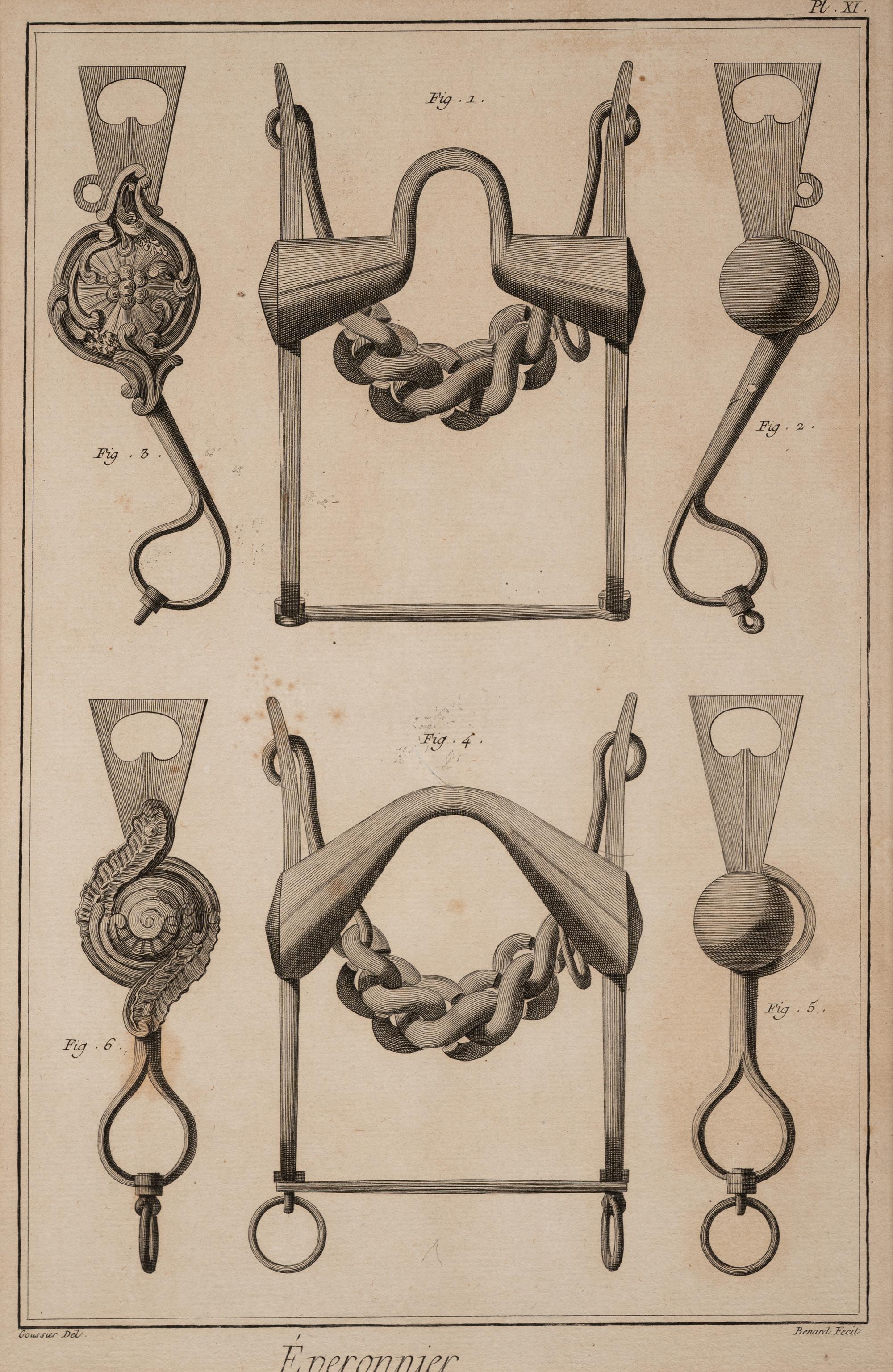 Four Engravings Depicting Horse Spurs, after Louis-Jacques Goussier