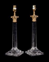 A Pair of Gilt Metal Mounted Cut Glass Columnar Lamps with Shades