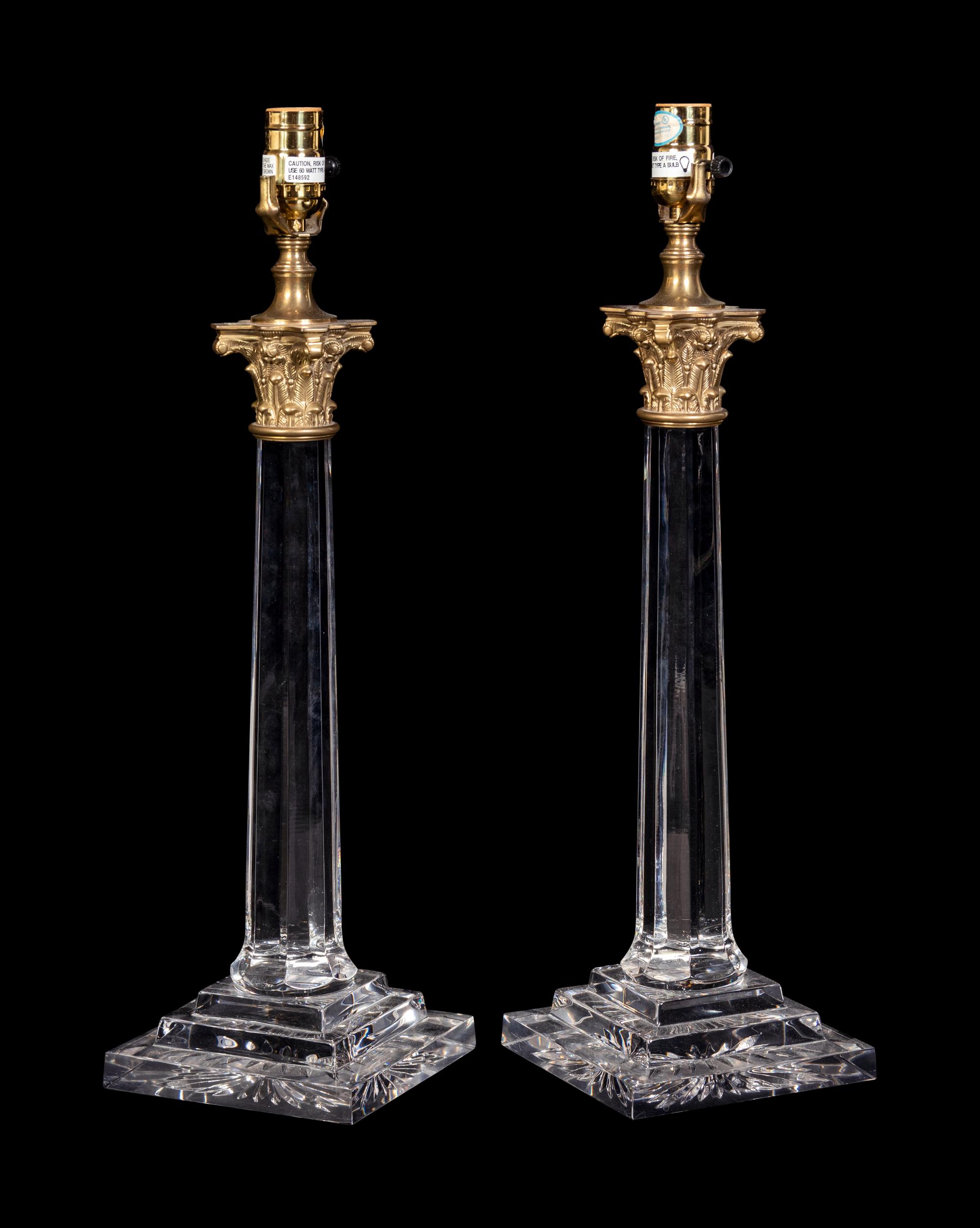 A Pair of Gilt Metal Mounted Cut Glass Columnar Lamps with Shades