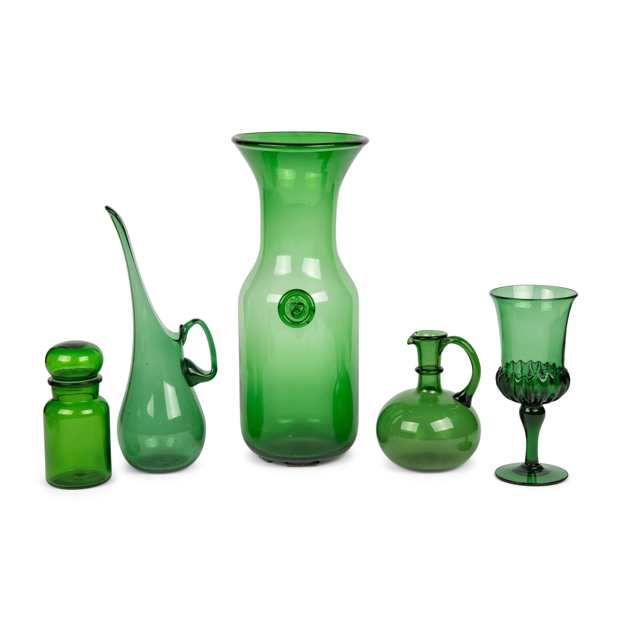 A Collection of Nine Green Empoli Glass Articles