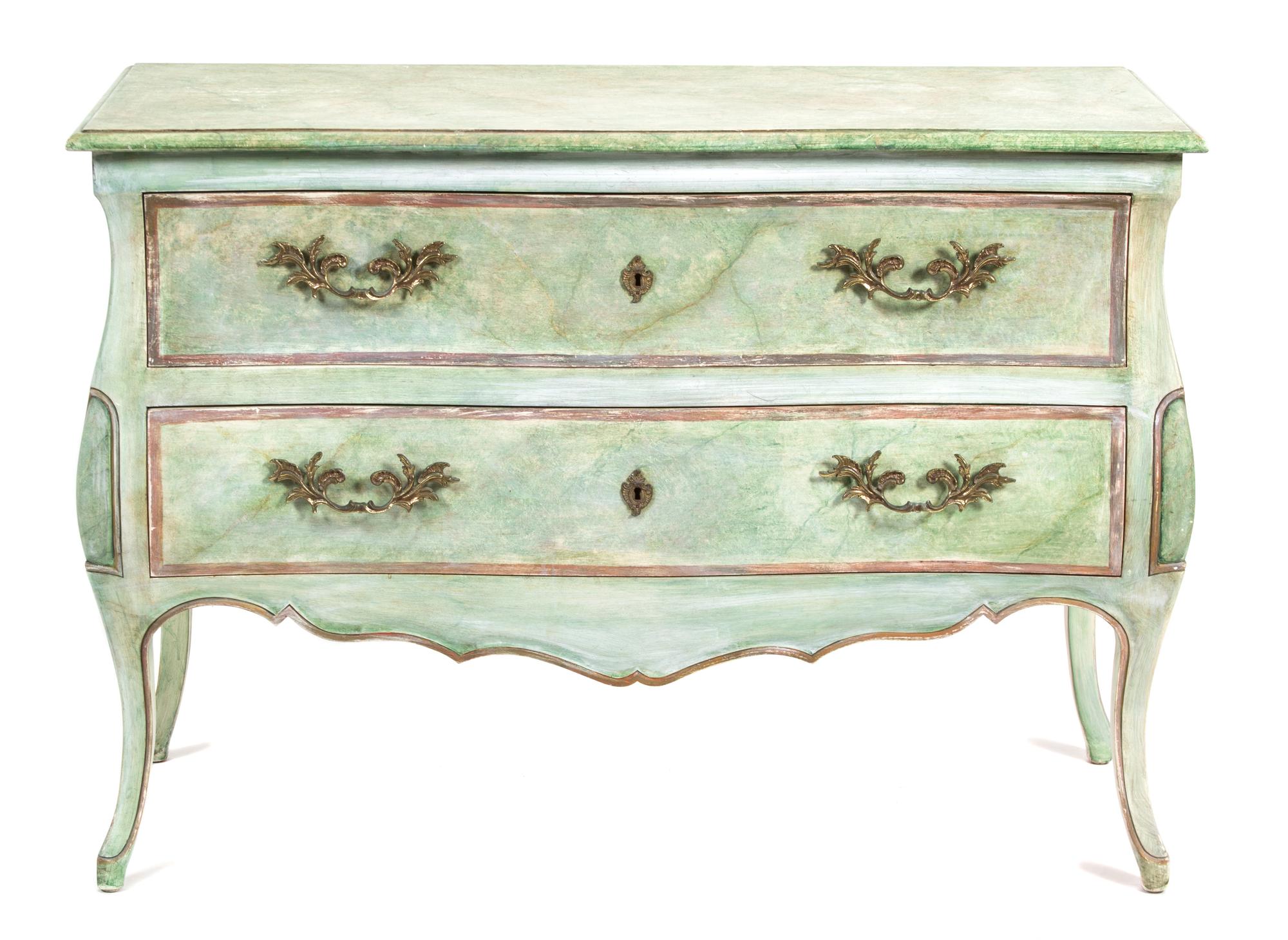 A Louis XV Style Faux Painted Bombe Chest of Drawers Height 33 3/4 x width 48 x depth 21 inches. — 20TH CENTURY