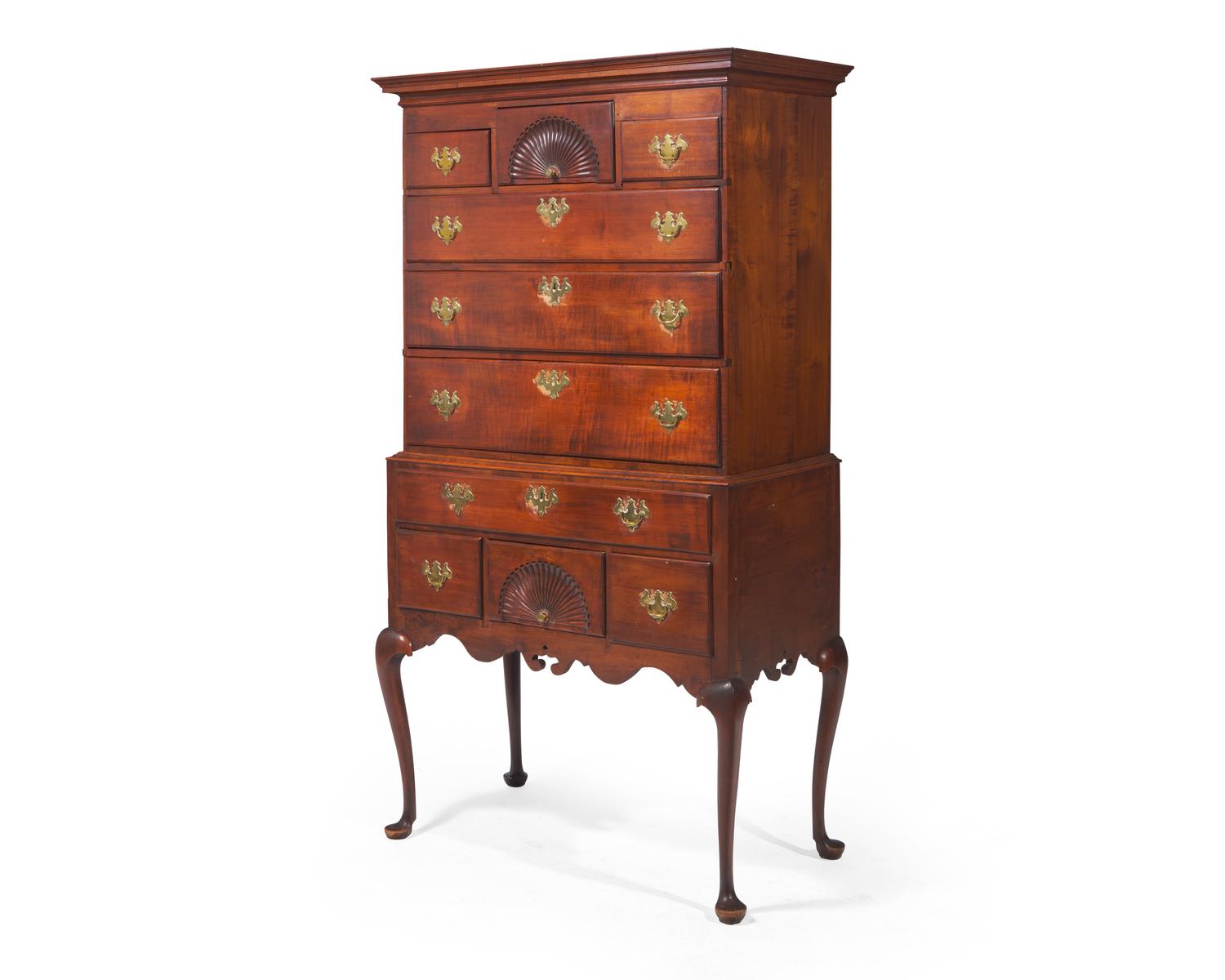 A Queen Anne flat-top carved maple high chest of drawers, Connecticut River Valley, mid-18th century
