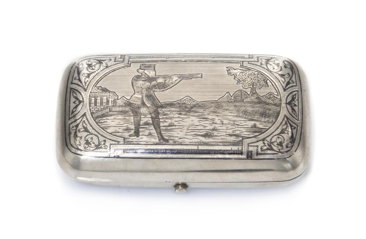 A Russian Niello Silver Cigarette Case, Maker's mark Cyrillic IA, assay of Viktor Savinsky, Moscow, 1886, the lid decorated with a scen