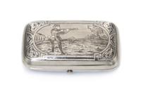 A Russian Niello Silver Cigarette Case, Maker's mark Cyrillic IA, assay of Viktor Savinsky, Moscow, 1886, the lid decorated with a scen
